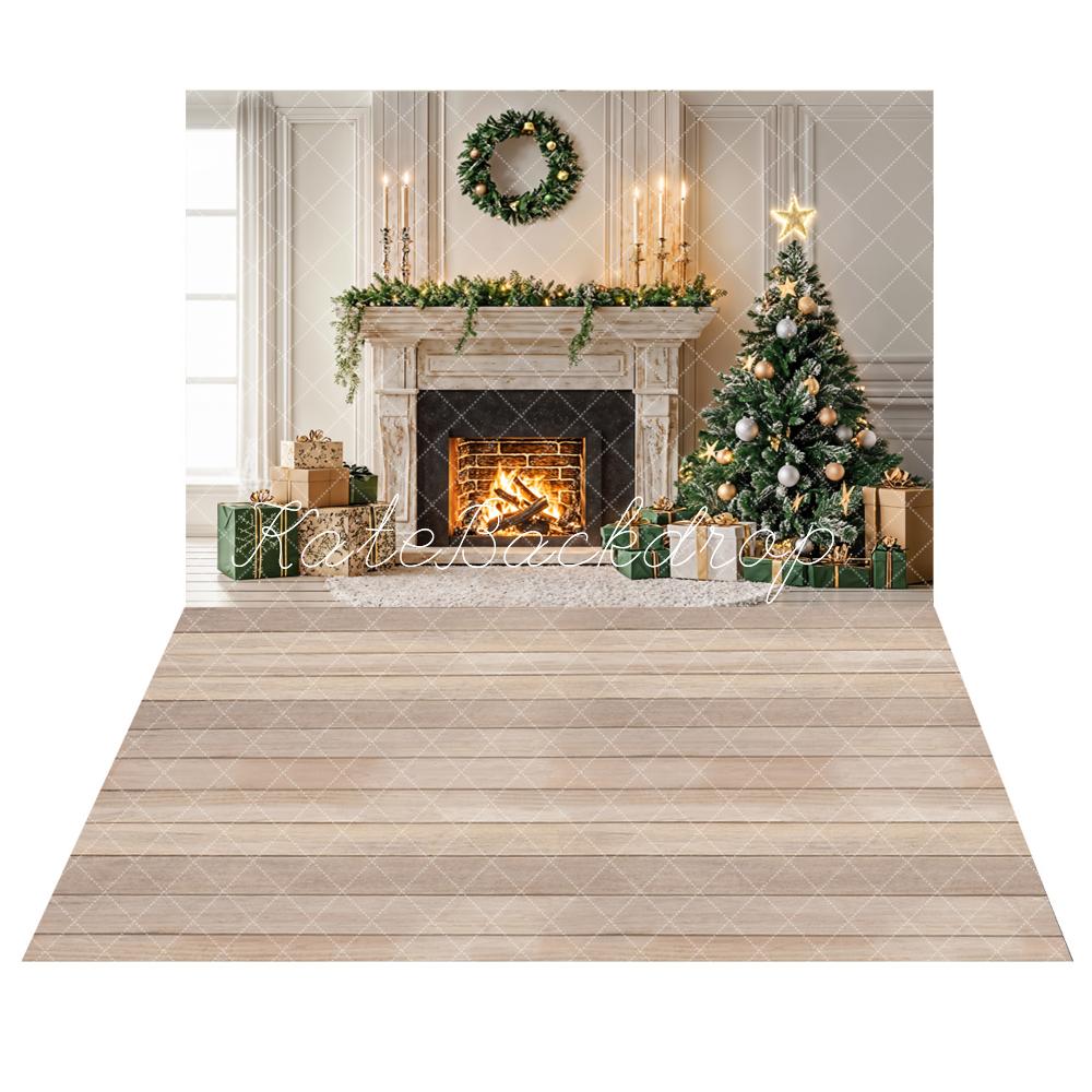 Kate Christmas Tree Fireplace Backdrop Wood Grain Floor Backdrop