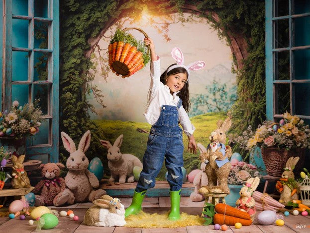 Girl holding Easter eggs sitting in the back of a truck