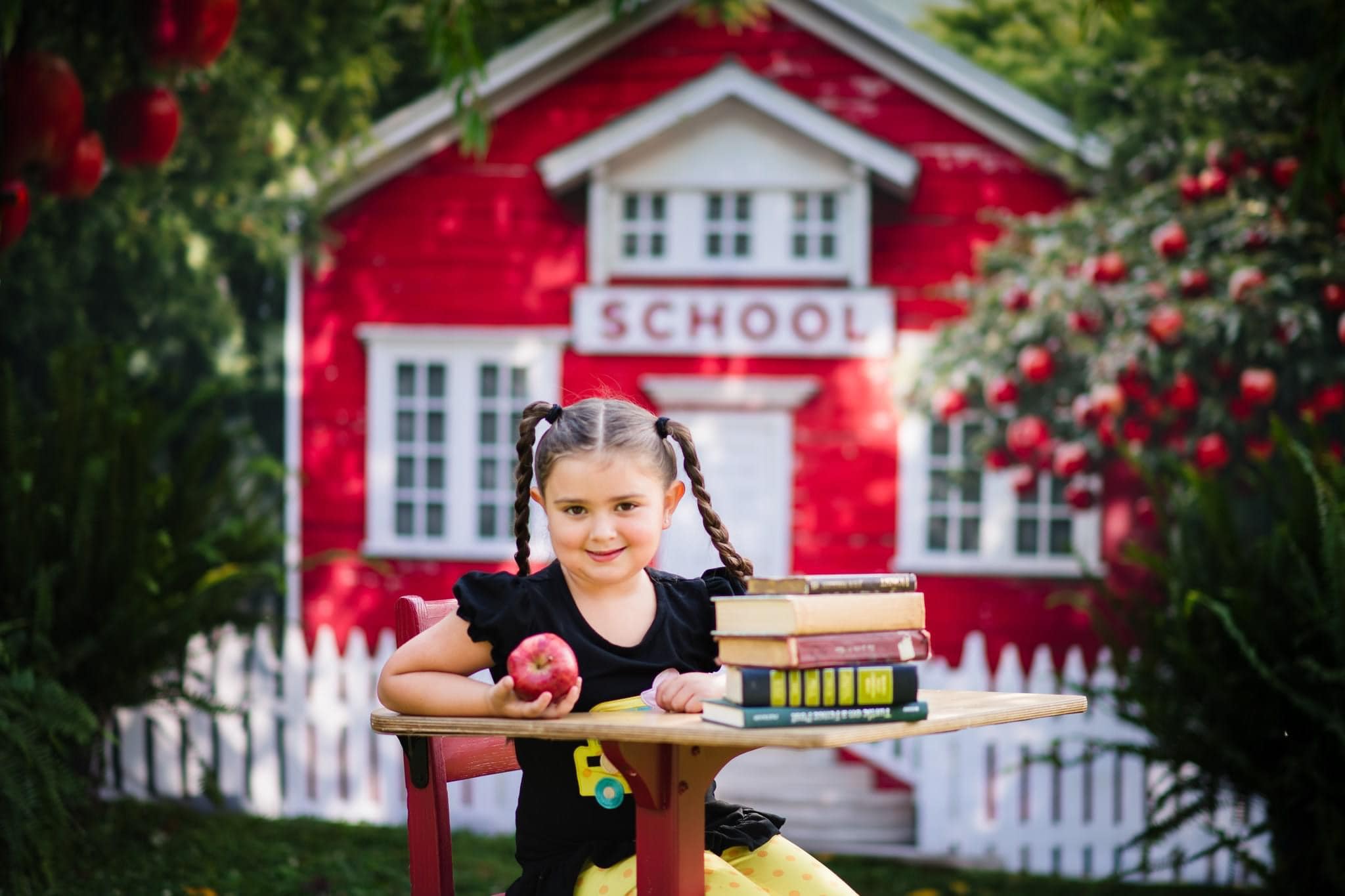 Kate Back to School Red House Apple Tree Fence Backdrop Designed by Chain Photography