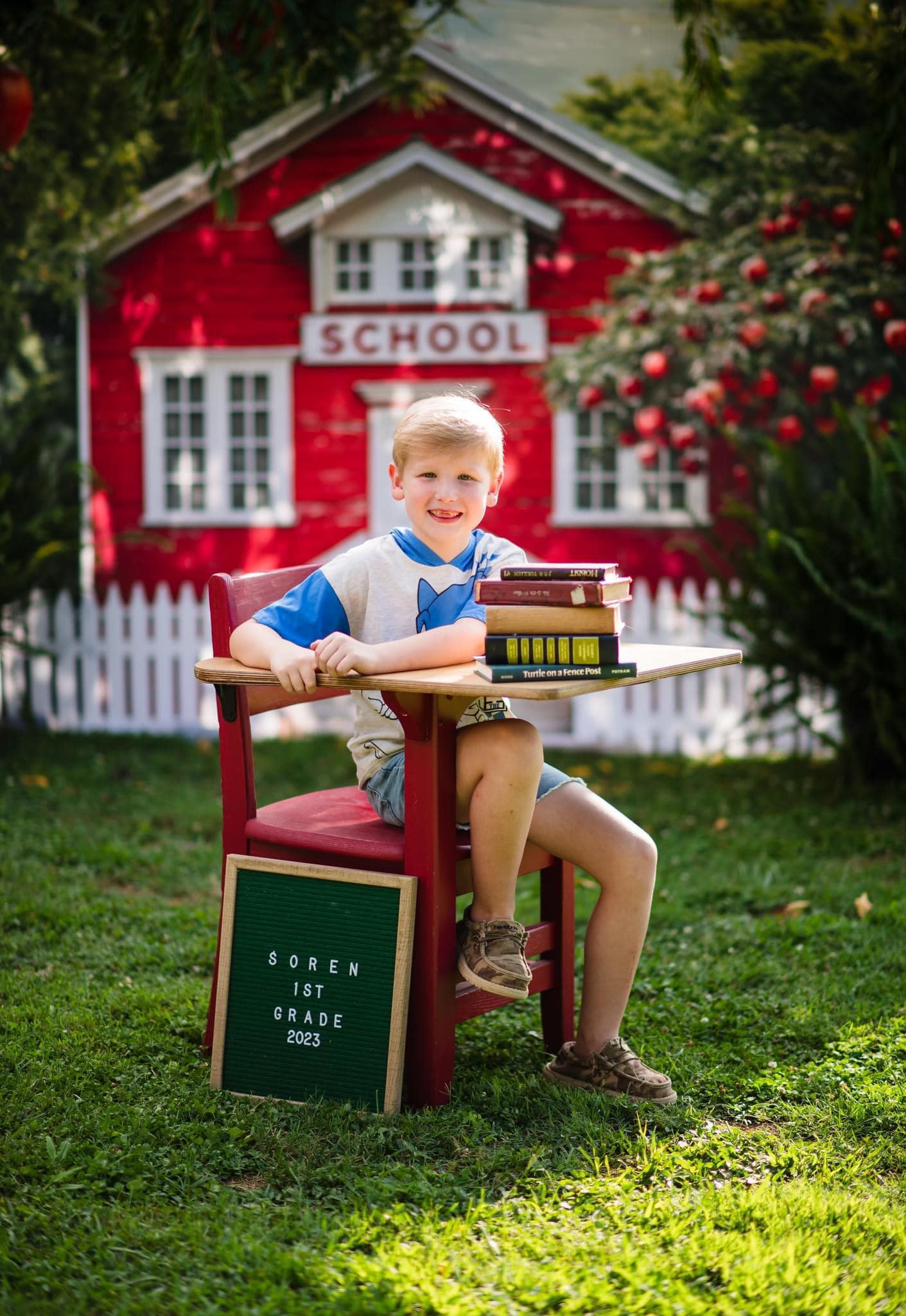 Kate Back to School Red House Apple Tree Fence Backdrop Designed by Chain Photography