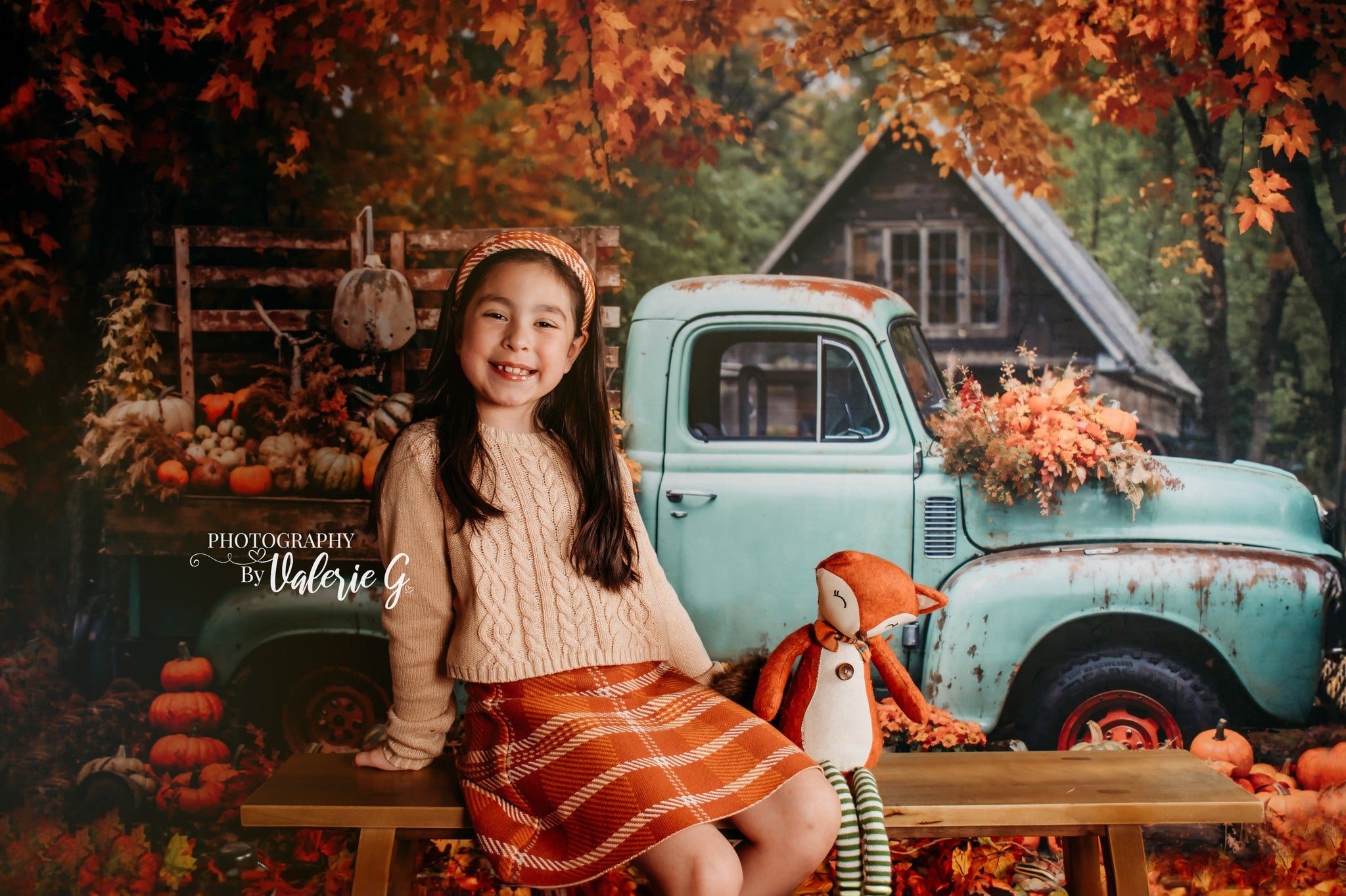 Kate Autumn Truck Backdrop Golden Leaves Old House Designed by Chain Photography