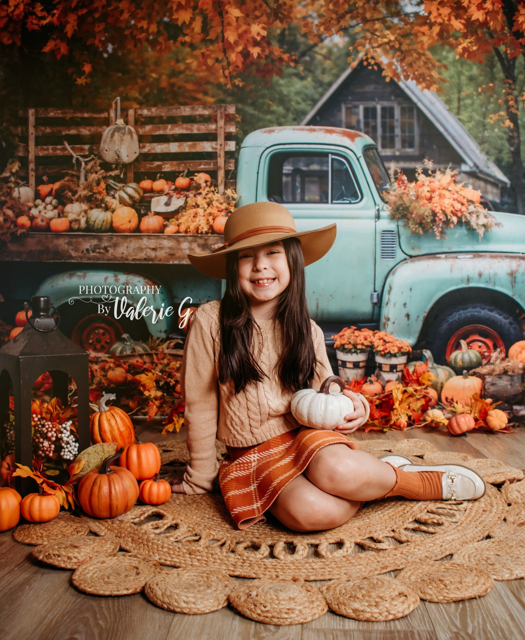 Kate Autumn Truck Backdrop Golden Leaves Old House Designed by Chain Photography