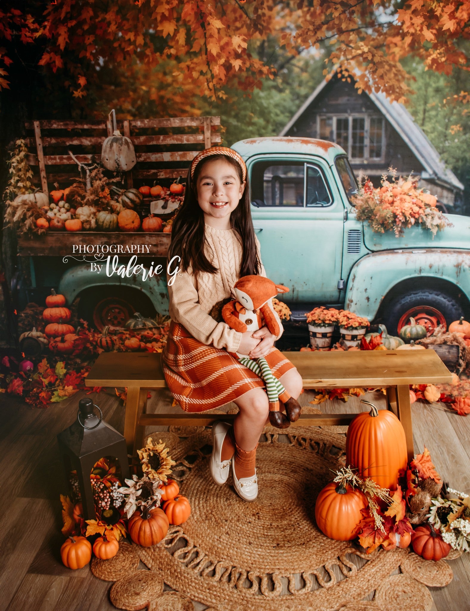 Kate Autumn Truck Backdrop Golden Leaves Old House Designed by Chain Photography