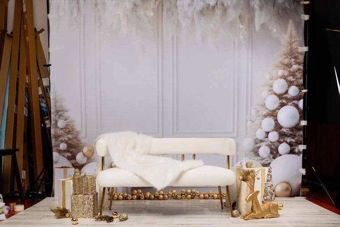 Kate Christmas White Wall Feathers & Gold Backdrop Designed by Lidia Redekopp