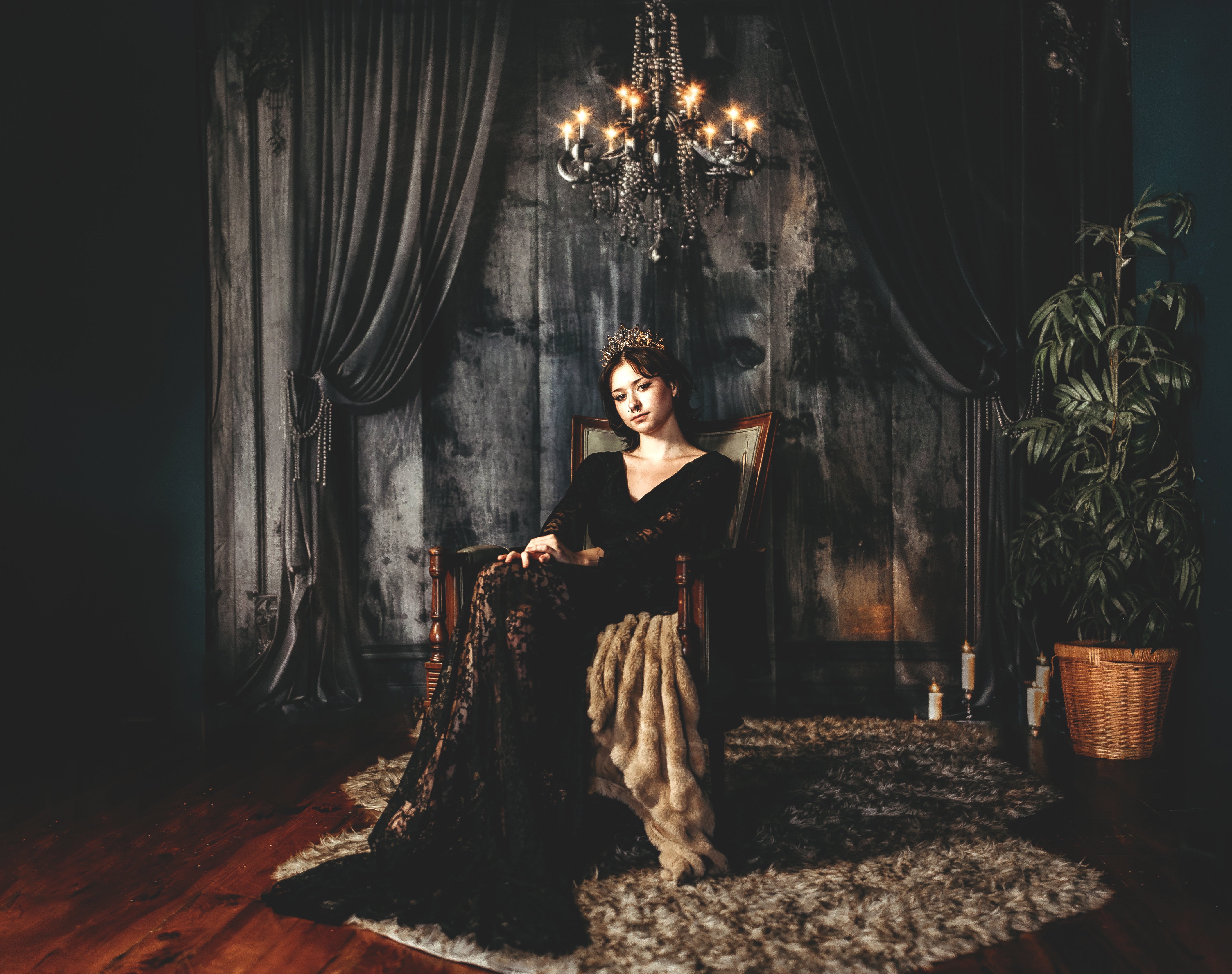 Kate Dark Elegant Curtains & Chandelier Backdrop Designed by Lidia Redekopp