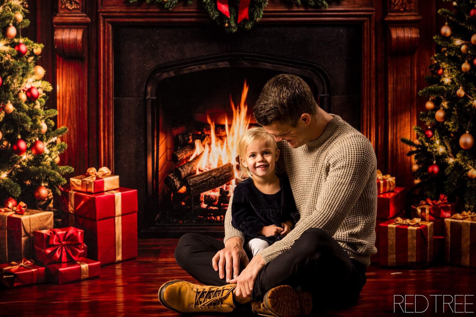 Kate Christmas Fireplace Tree Retro Backdrop+Brown Wood Texture Floor Backdrop