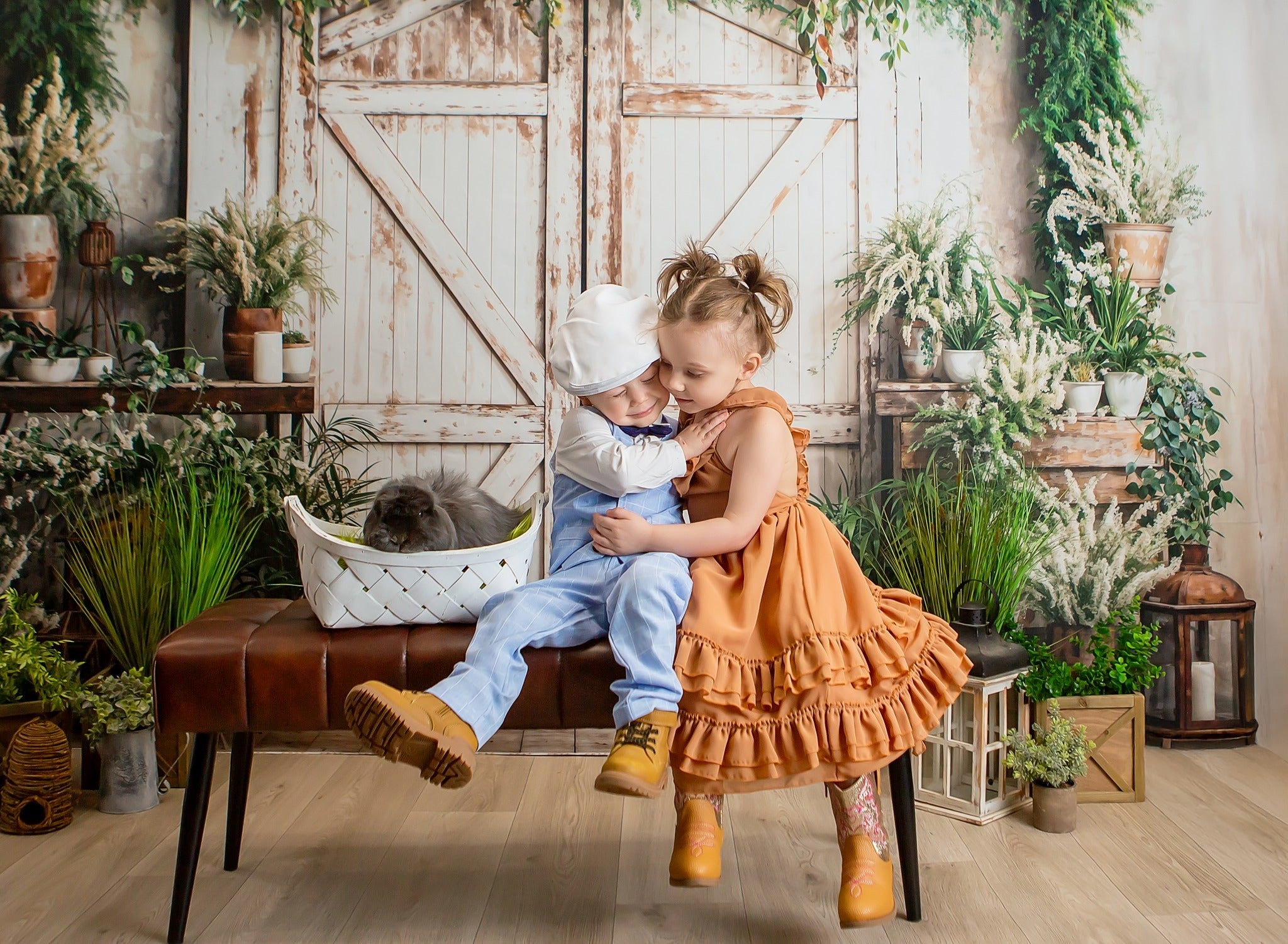 Kate Spring Backdrop White Wooden Door Green Plants Designed by Emetselch