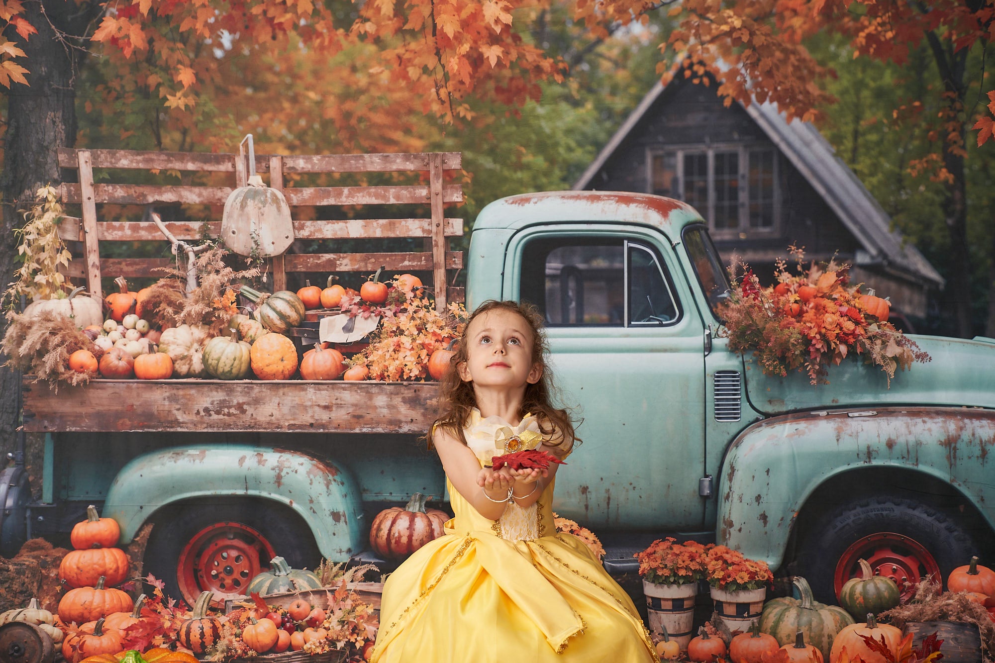 Kate Autumn Truck Backdrop Golden Leaves Old House Designed by Chain Photography