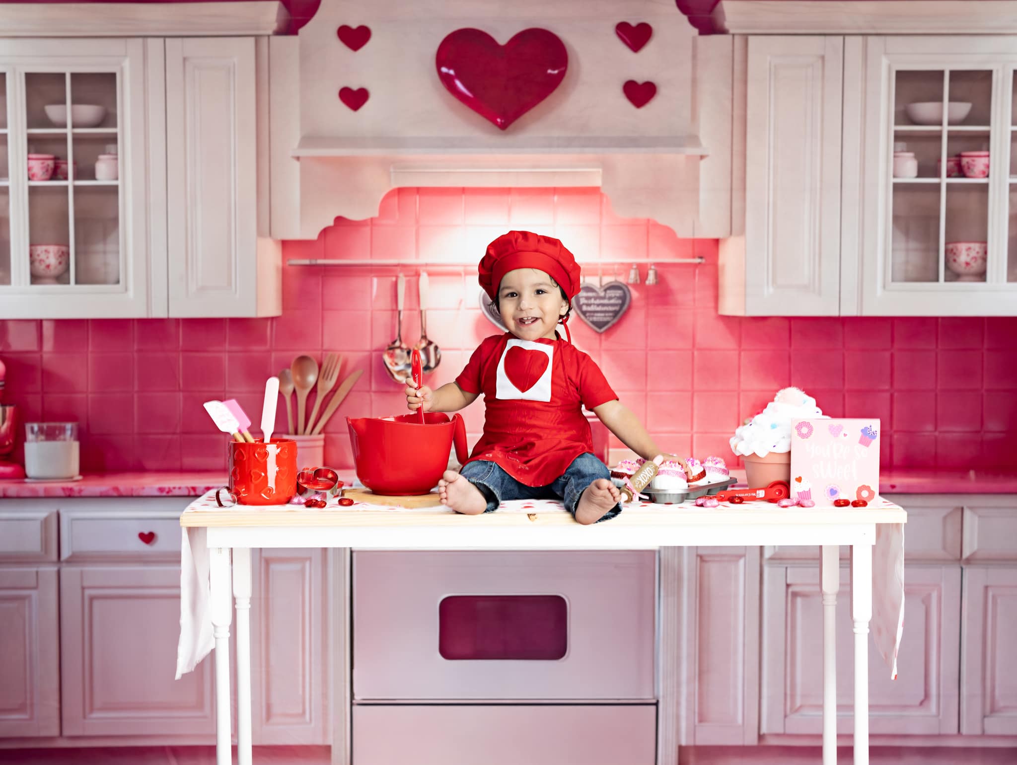 Kate Girls Birthday Kitchen Valentine's Day Backdrop+Pink Checkered Floor Backdrop