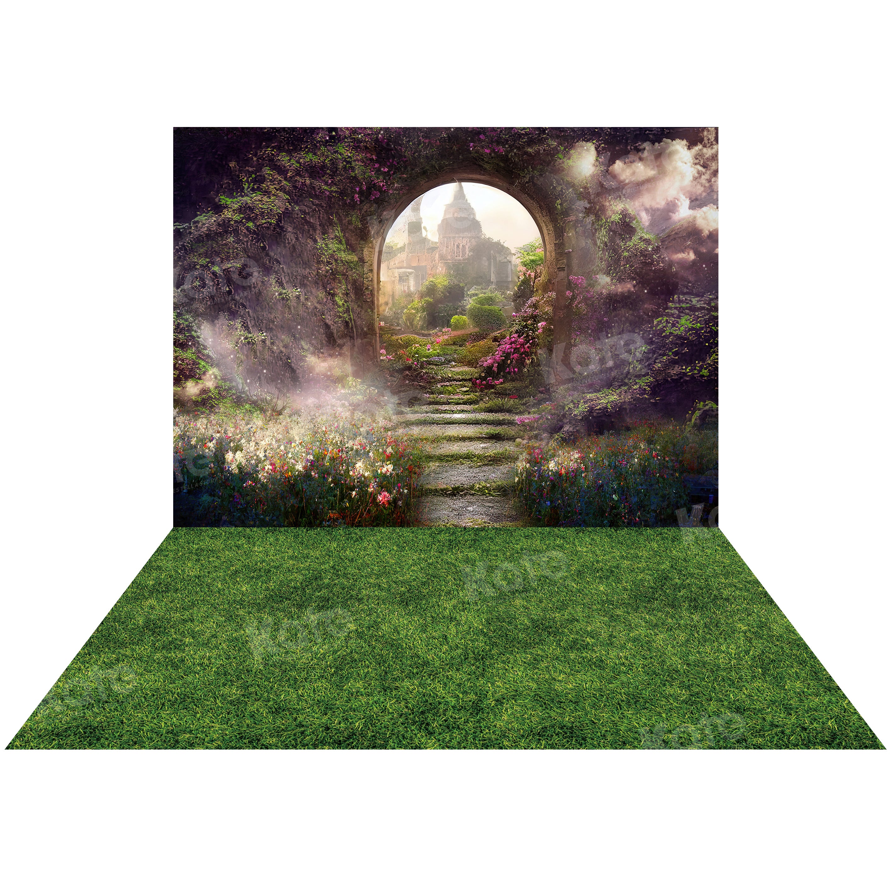 Kate Spring Magic Flower Garden Castle Backdrop+Green Grass Lawn Rubbe