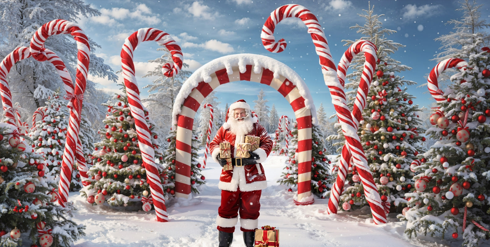 Santa Claus standing in front of snow candy backdrop