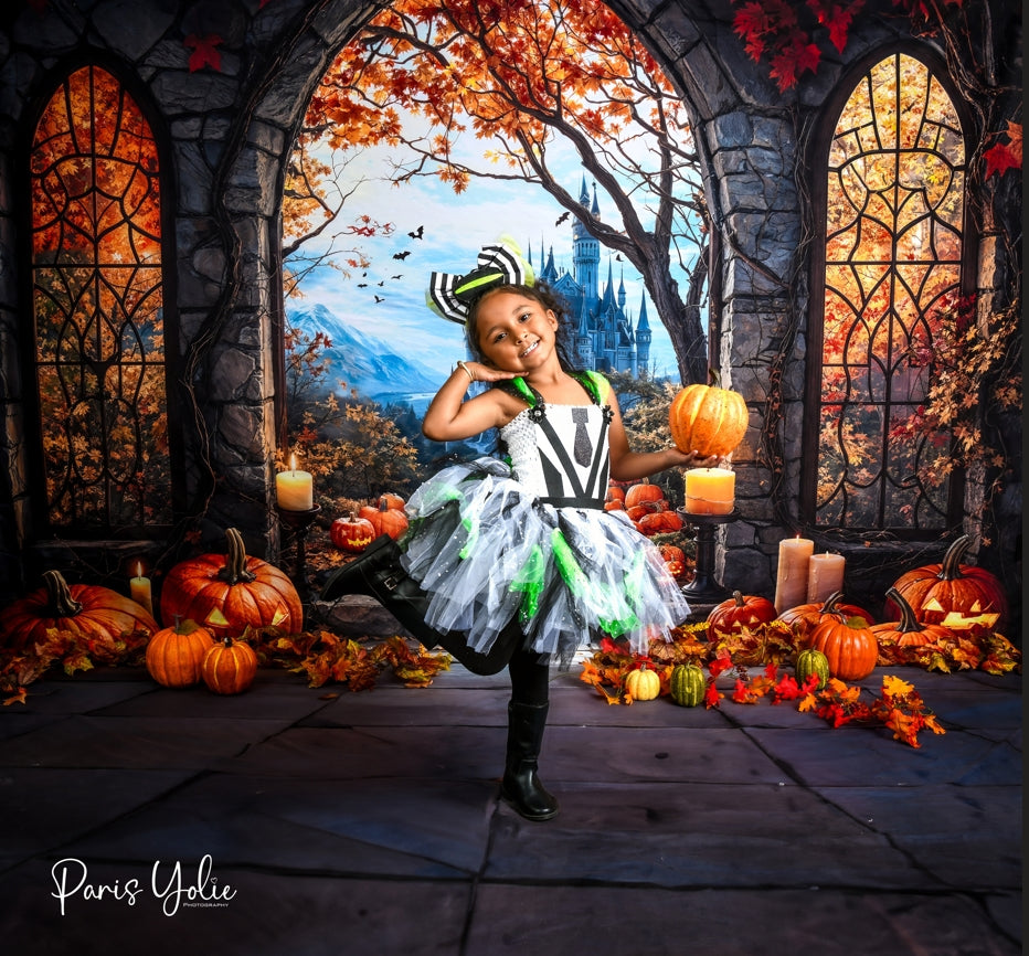 Kate Halloween Pumpkin Arch Castle Backdrop+Stone Floor Backdrop