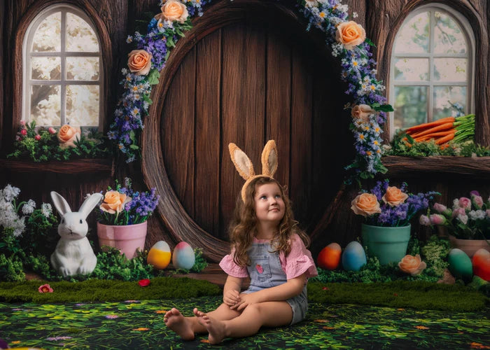 Kate Easter Bunny Floral Arch Tree House Backdrop+Flower Grass Rubber Floor Mat designed by Mini MakeBelieve