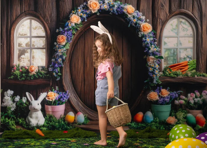 Kate Easter Bunny Floral Arch Tree House Backdrop+Flower Grass Rubber Floor Mat designed by Mini MakeBelieve