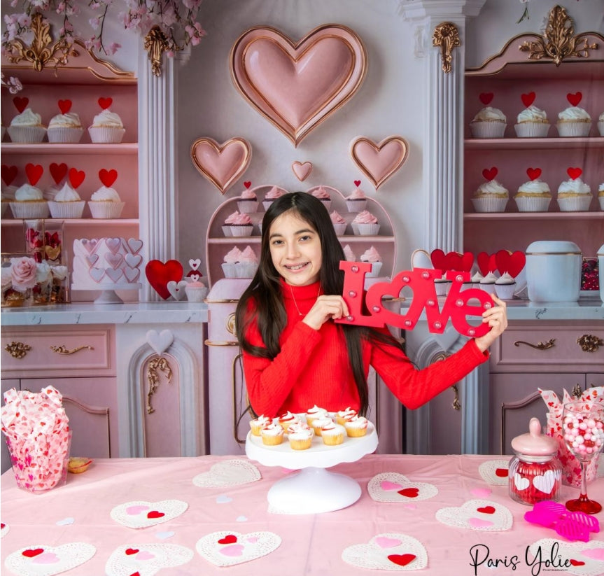 Kate Valentine's Heart Pink Kitchen Cupcake Backdrop Designed by Mini MakeBelieve