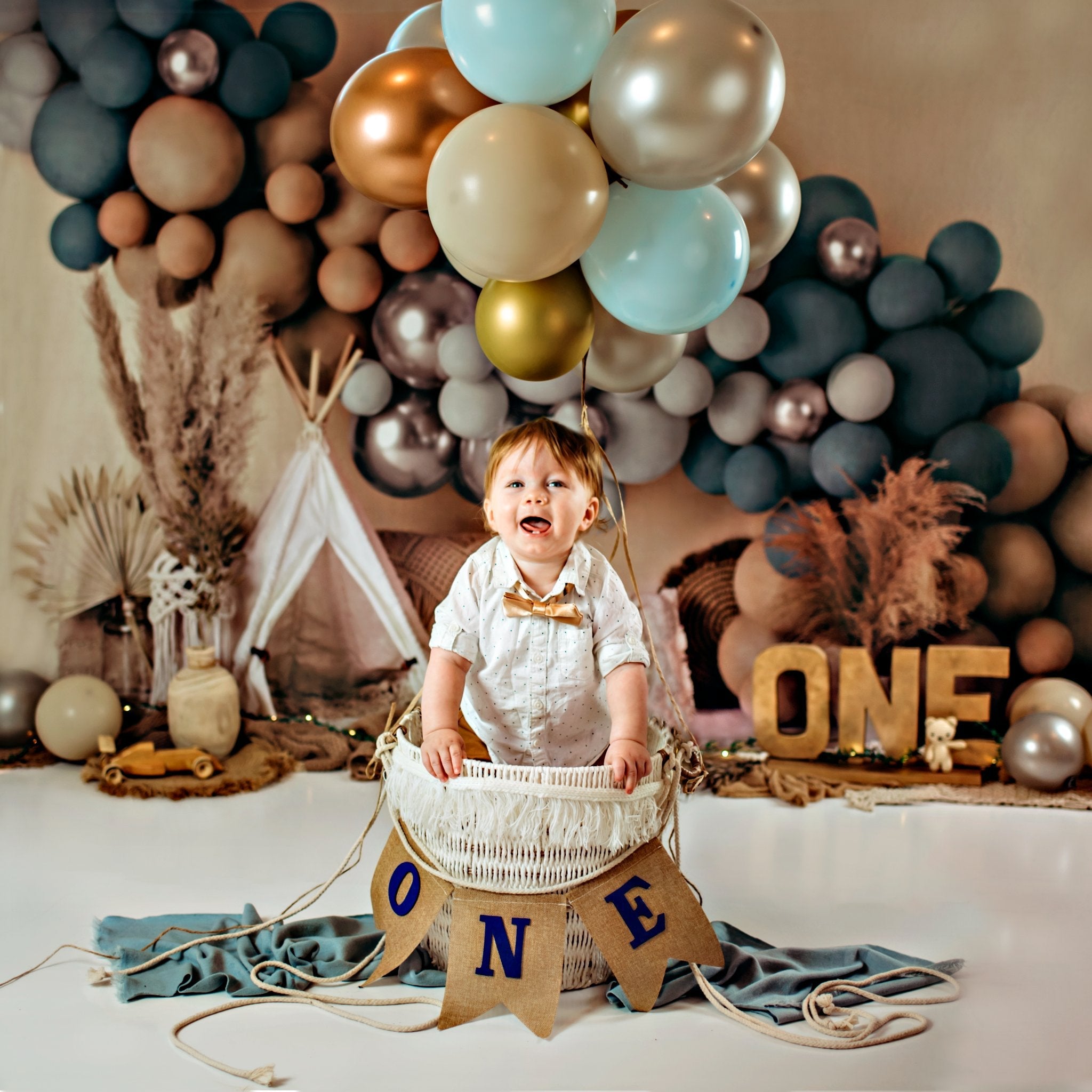 Kate Boho Balloons Tent Fleece Backdrop Matte Blue Designed by Mandy Ringe Photography