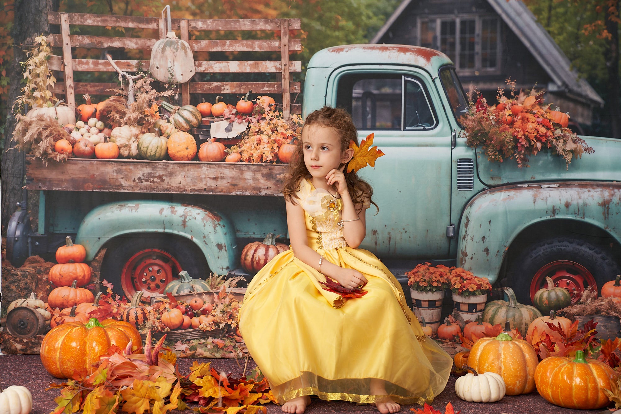 Kate Autumn Truck Backdrop Golden Leaves Old House Designed by Chain Photography