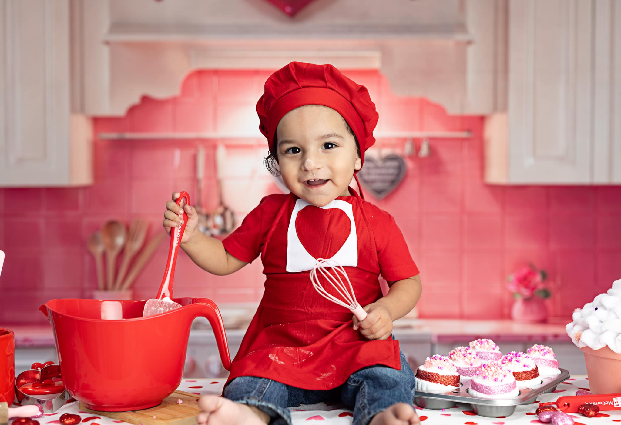 Kate Girls Birthday Kitchen Valentine's Day Backdrop+Pink Checkered Floor Backdrop