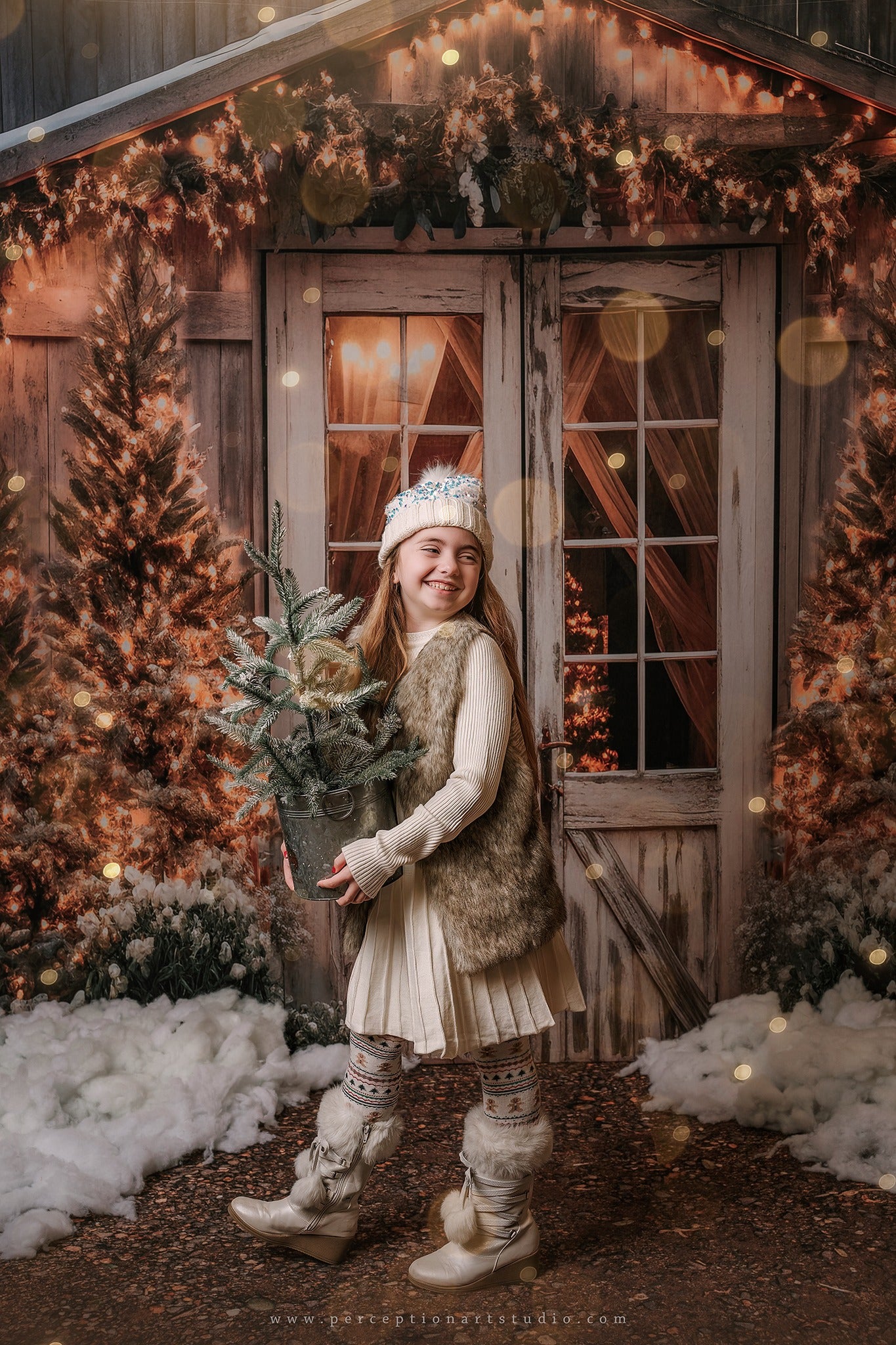 Kate Christmas Barn with Lights and Christmas Tree Fleece Backdrop Designed by Emetselch