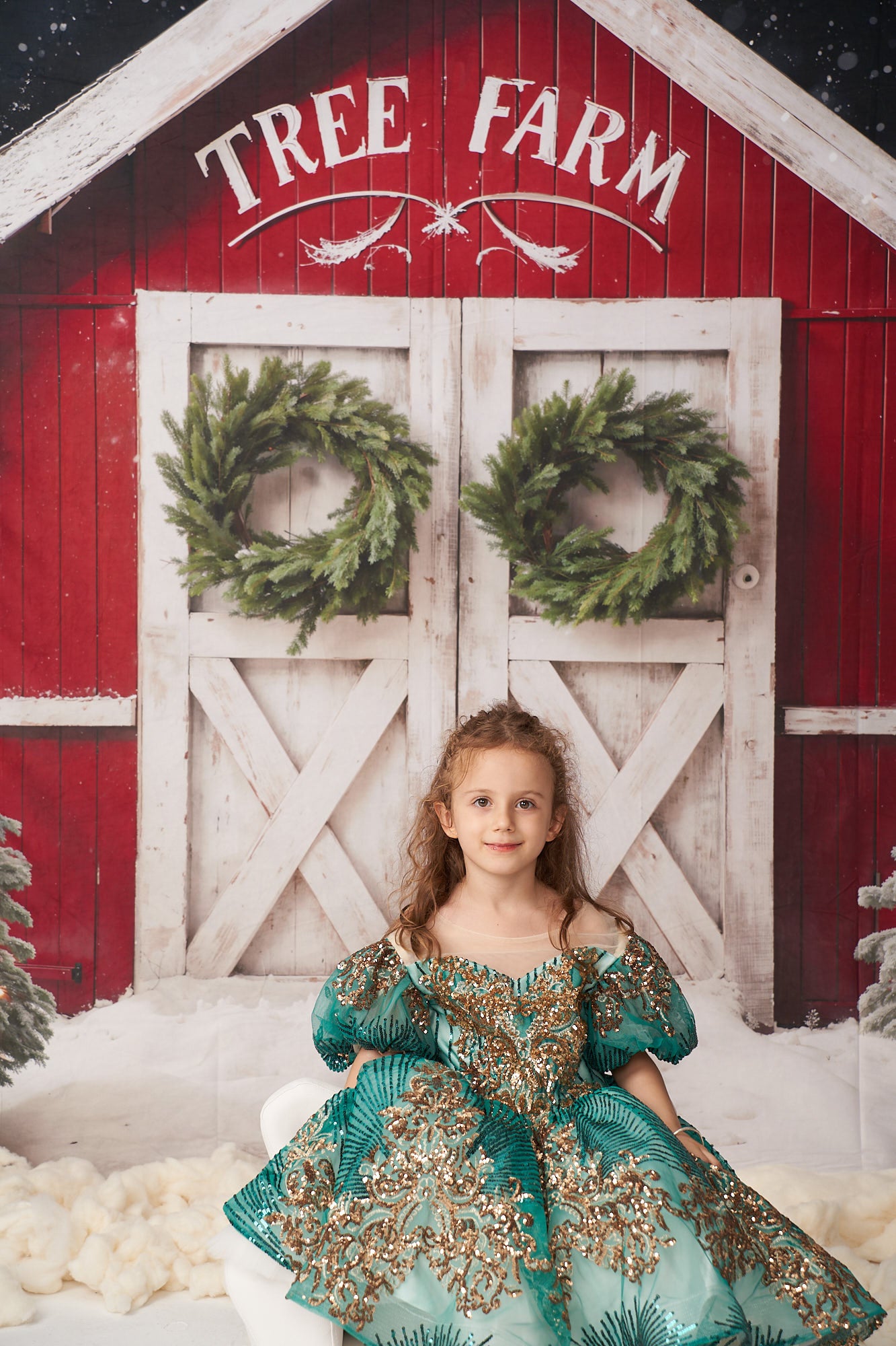 Kate Winter Christmas Tree Farm Backdrop Red Barn Designed by Chain Photography