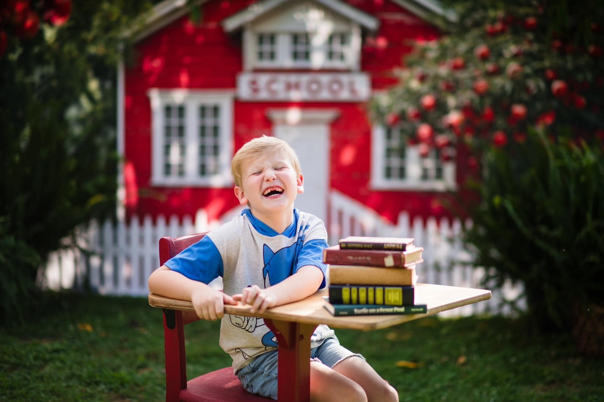 Kate Back to School Red House Apple Tree Fence Backdrop Designed by Chain Photography