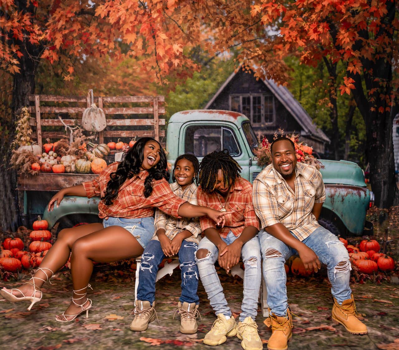 Kate Autumn Truck Backdrop Golden Leaves Old House Designed by Chain Photography