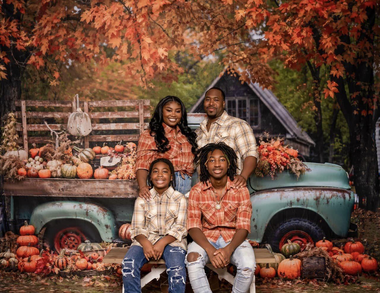 Kate Autumn Truck Backdrop Golden Leaves Old House Designed by Chain Photography