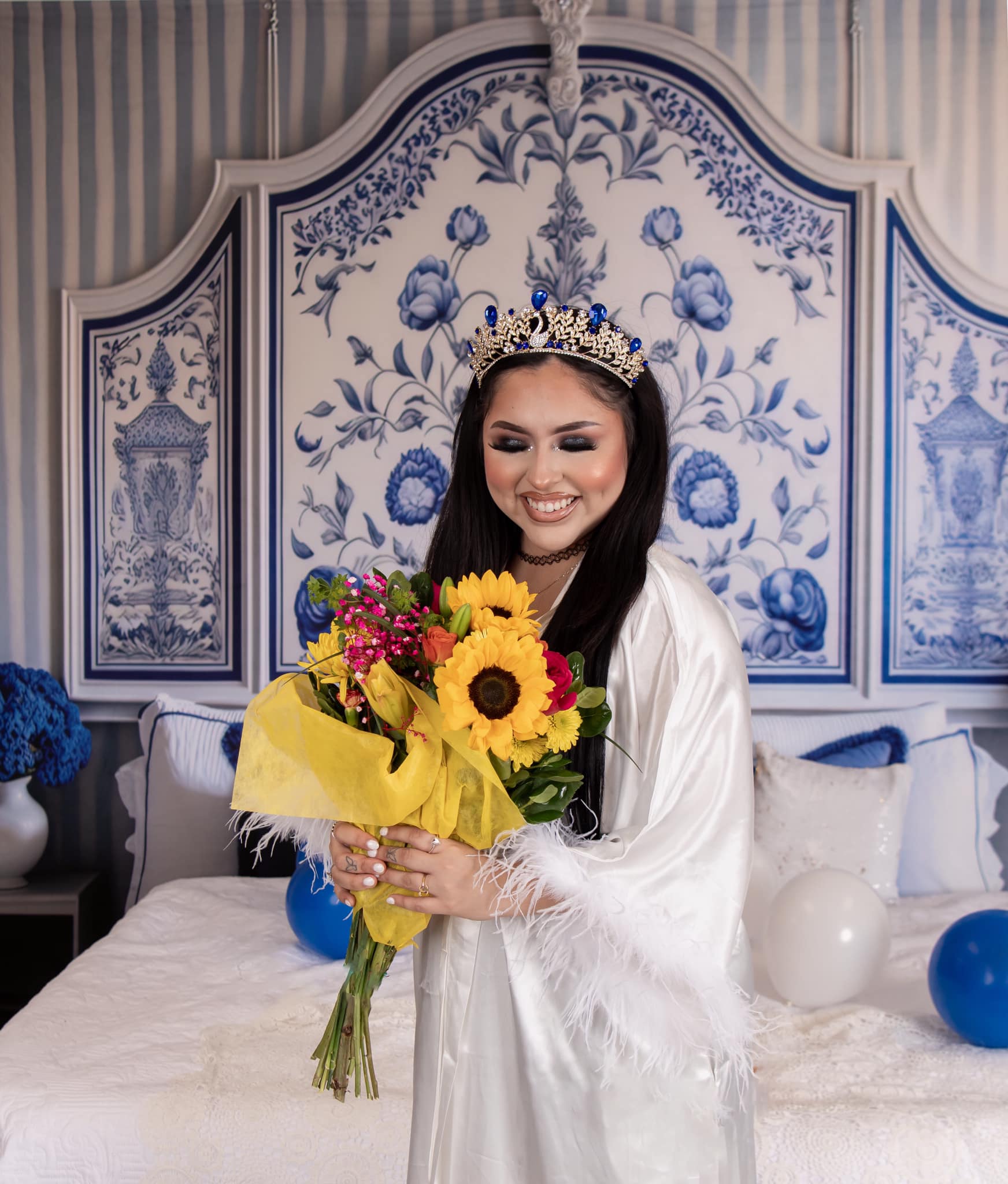 Kate Painted Blue Backdrop White Delft Style Boudoir Headboard Designed by Mini MakeBelieve