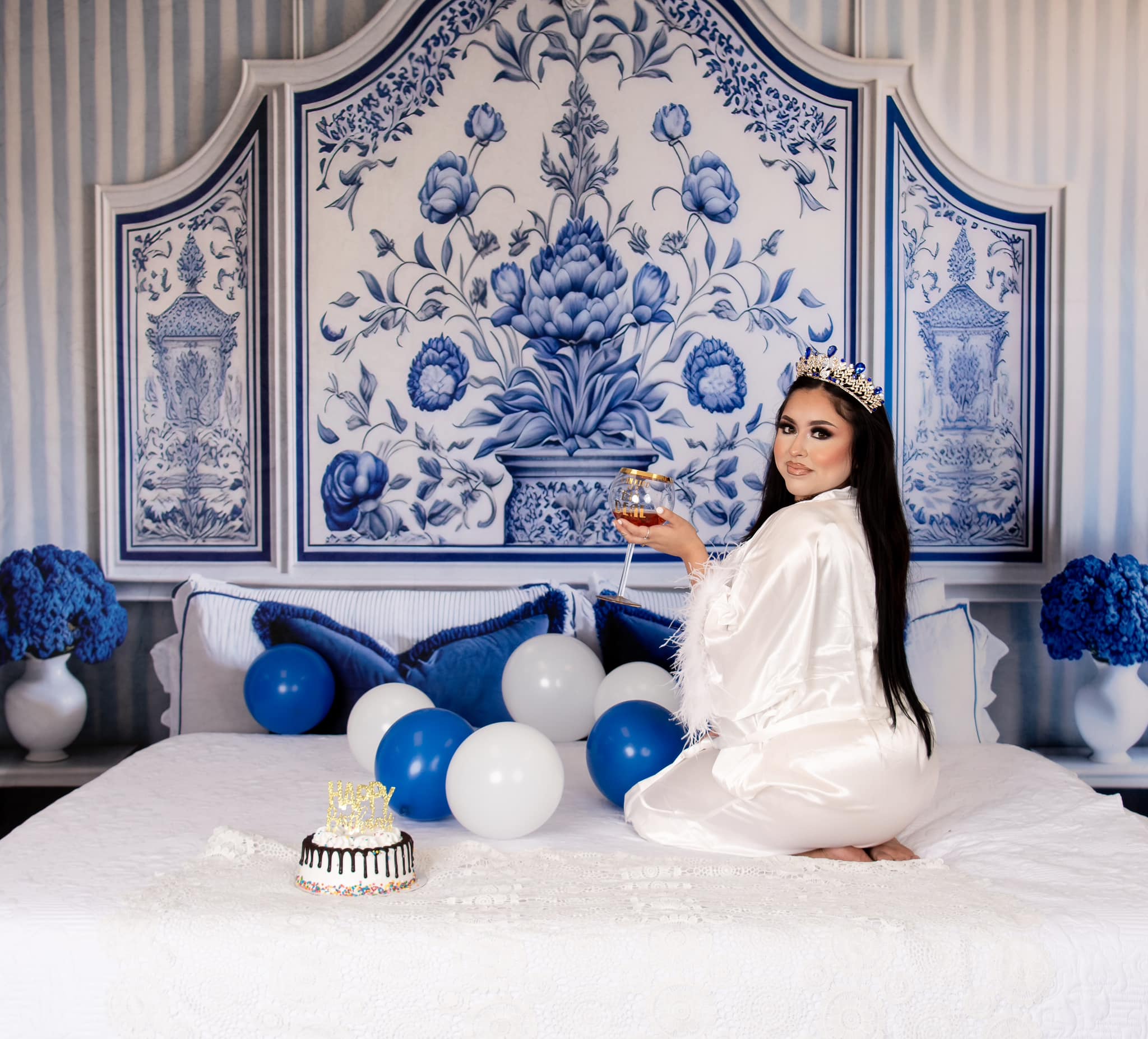 Kate Painted Blue Backdrop White Delft Style Boudoir Headboard Designed by Mini MakeBelieve