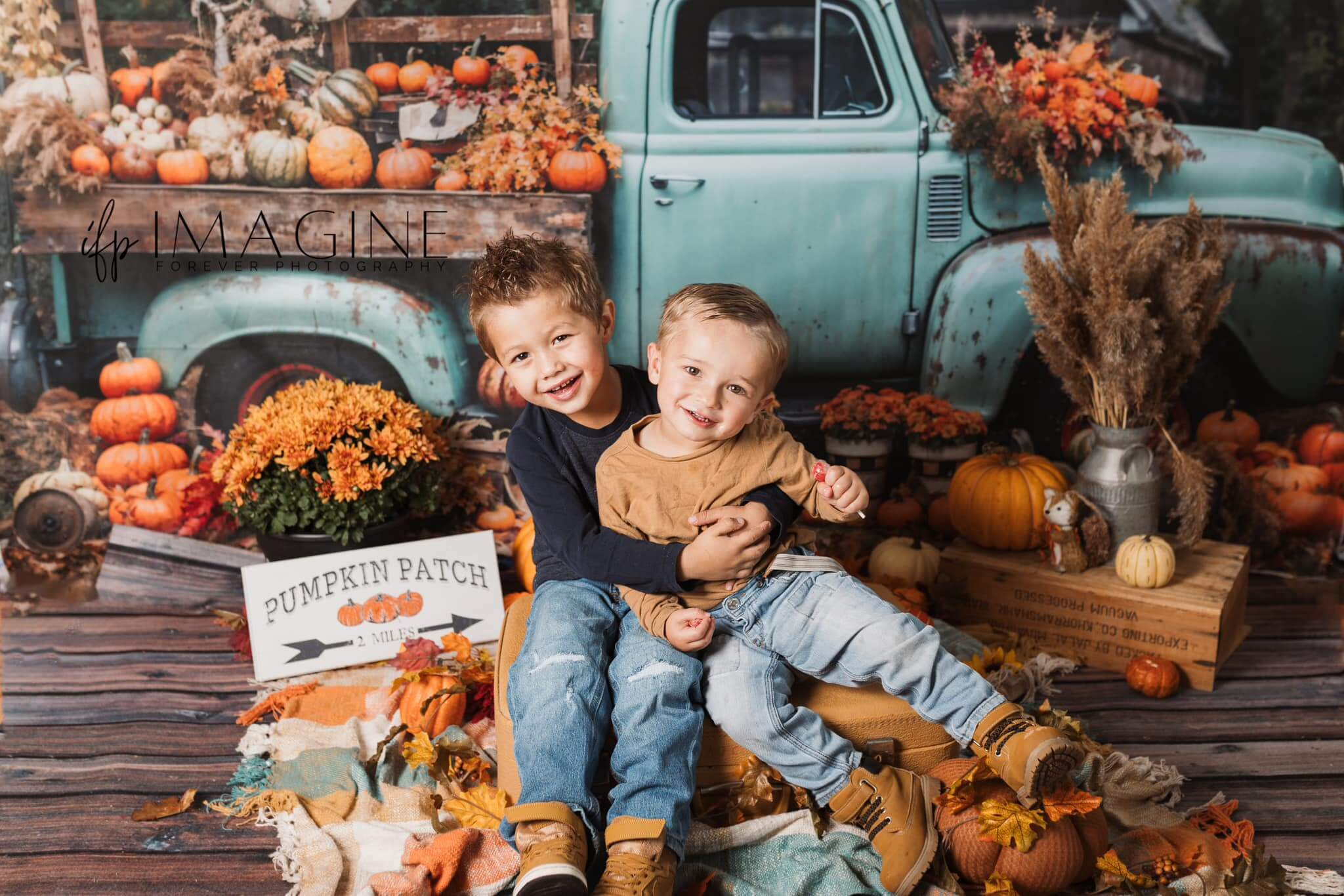 Kate Autumn Truck Backdrop Golden Leaves Old House Designed by Chain Photography