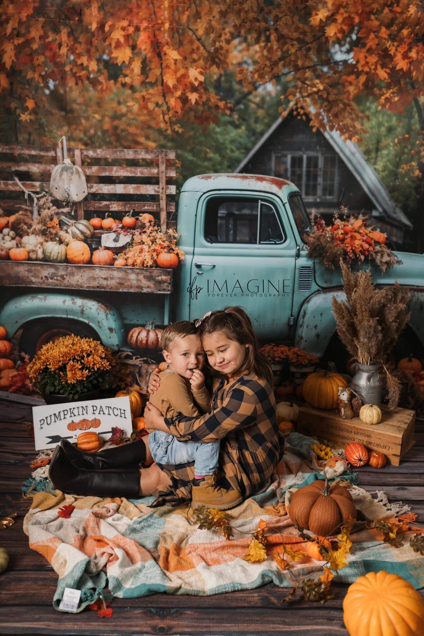 Kate Autumn Truck Backdrop Golden Leaves Old House Designed by Chain Photography