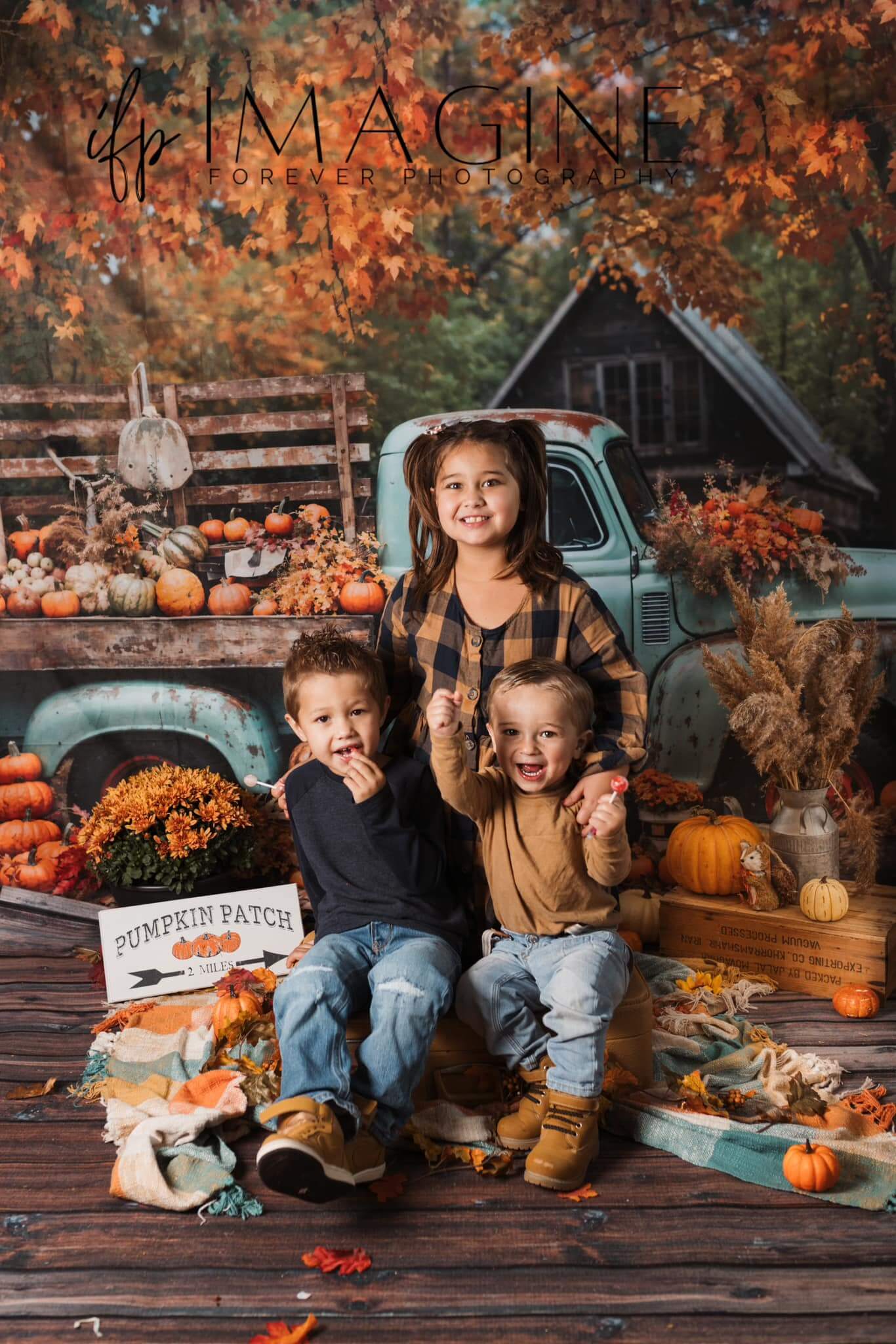 Kate Autumn Truck Backdrop Golden Leaves Old House Designed by Chain Photography