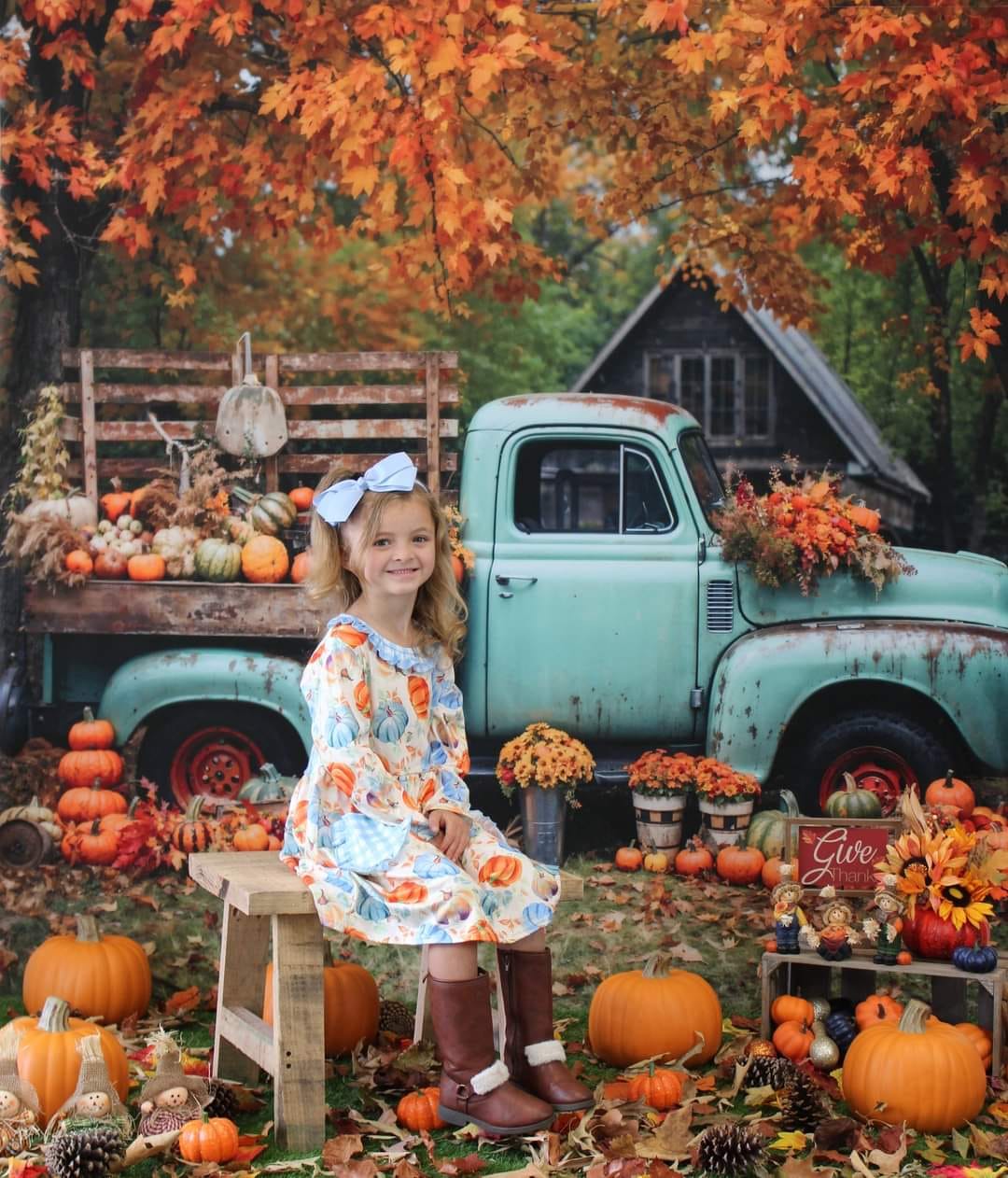 Kate Autumn Truck Backdrop Golden Leaves Old House Designed by Chain Photography