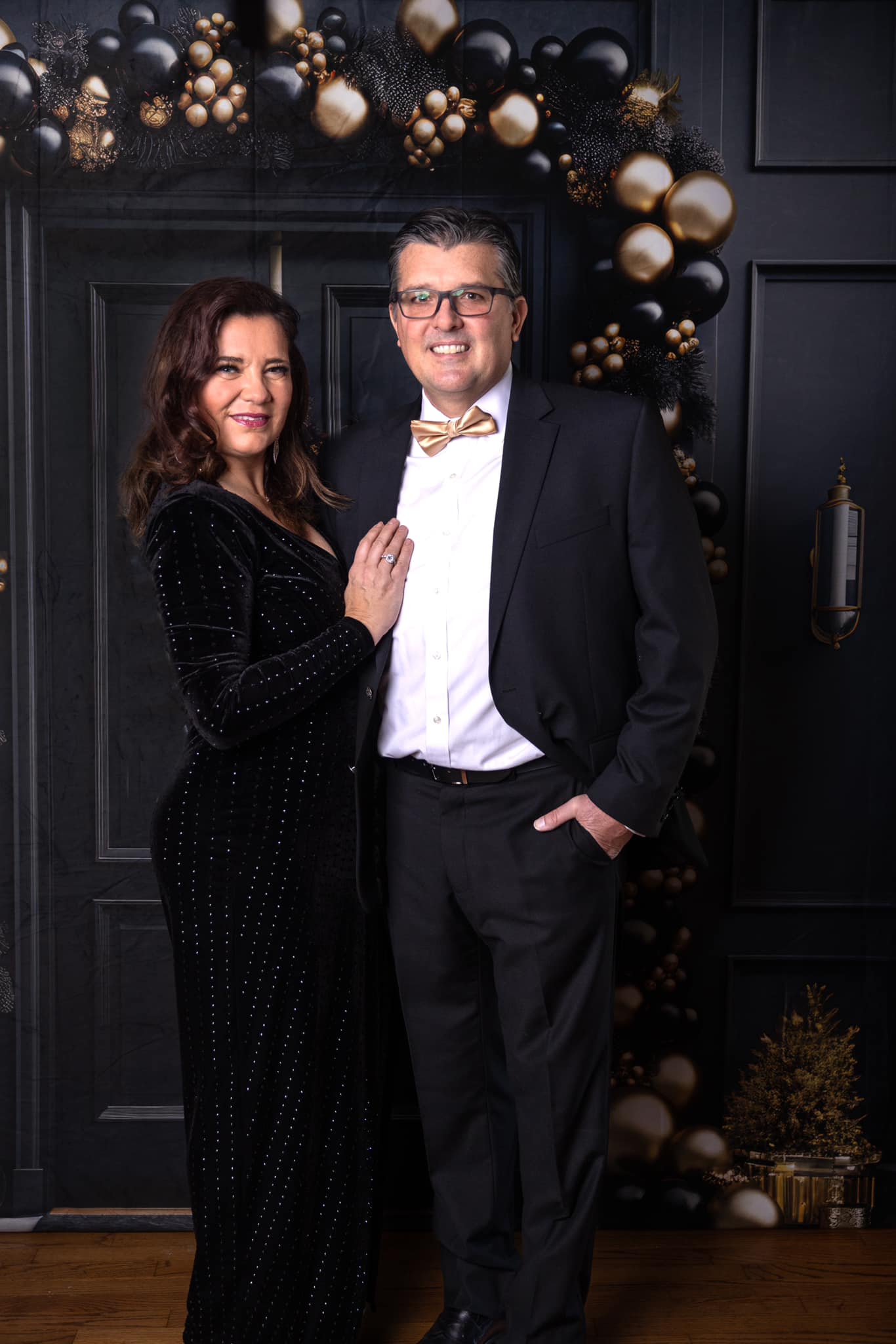 Kate Elegant Black and Gold Christmas Front Door Backdrop Designed by Mandy Ringe Photography