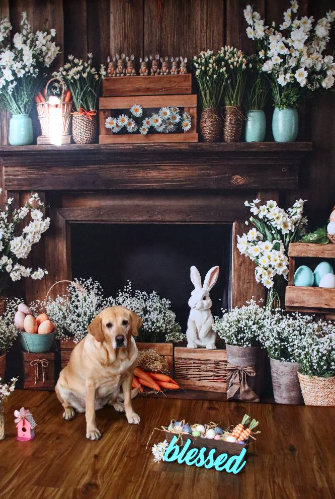 Kate Easter Fireplace Bunny Rustic Floral Backdrop Designed by Emetselch