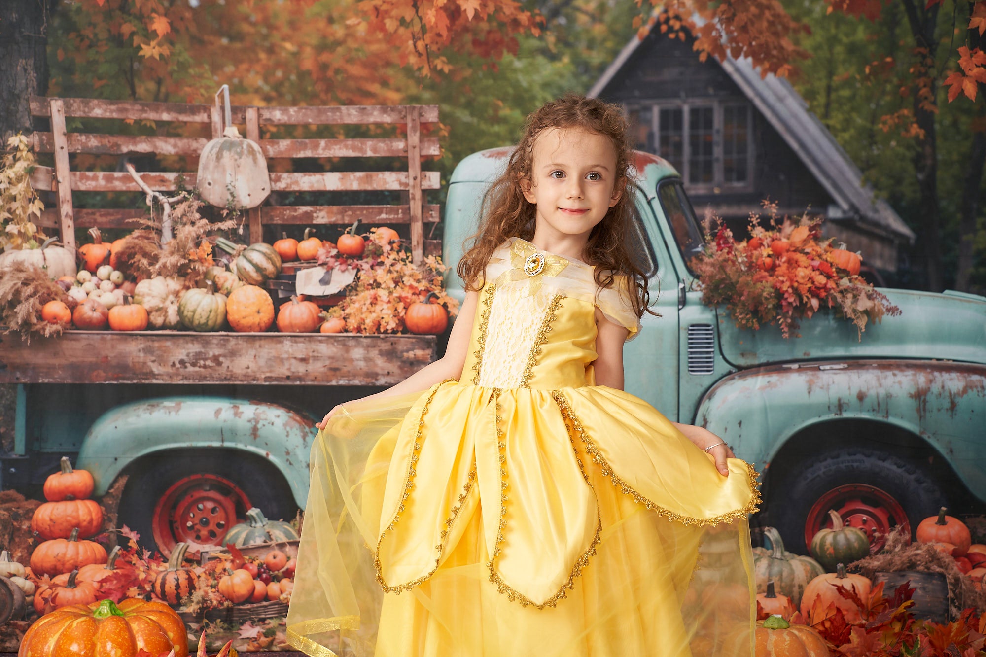 Kate Autumn Truck Backdrop Golden Leaves Old House Designed by Chain Photography