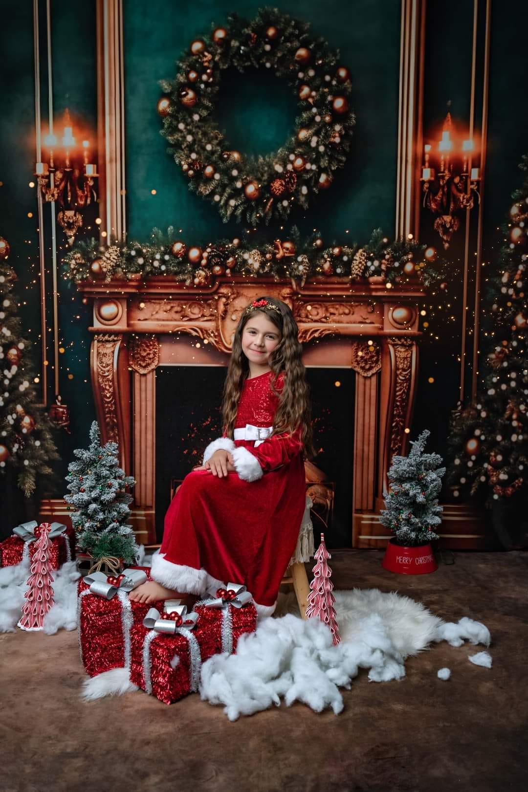 Kate Christmas Green Wall Golden Fireplace Backdrop for Photography