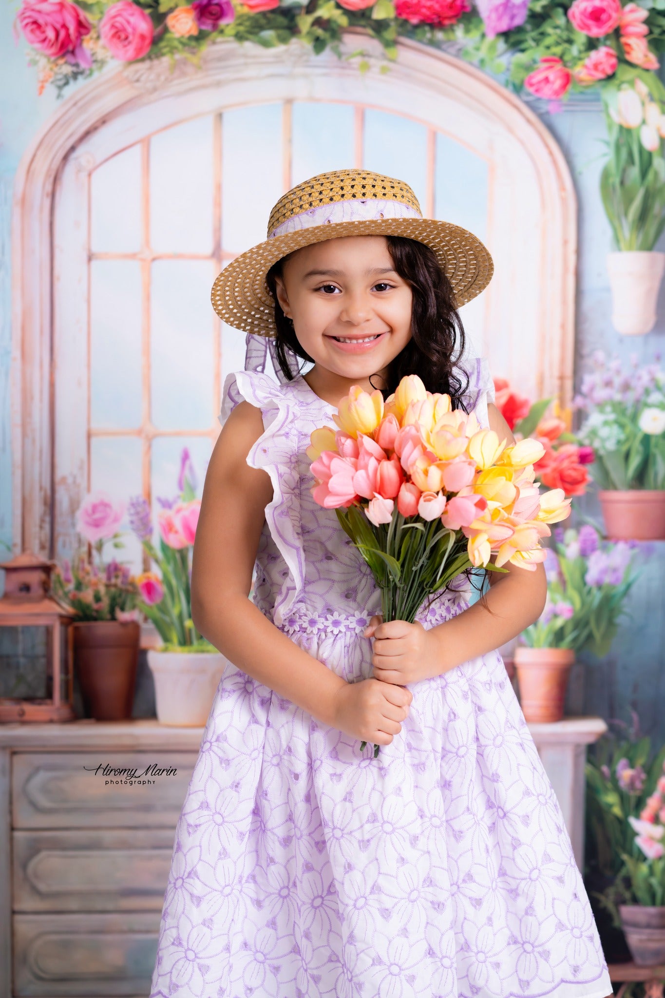 Kate Spring Flowers Potted Window Room Backdrop Designed by Chain Photography