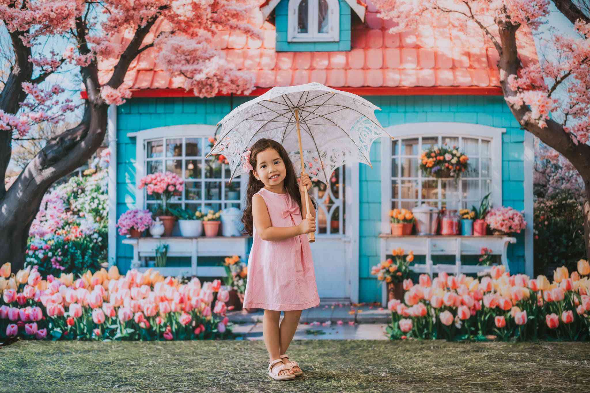 Kate Spring Pink Flowers Tree House Backdrop Designed by Emetselch