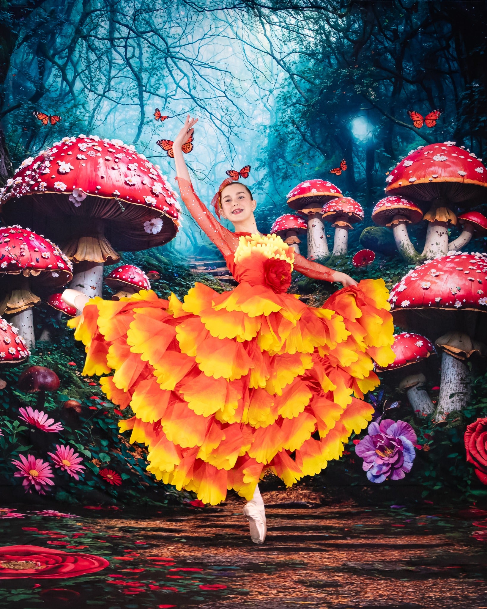 Dancing girl in front of forest fairy tale backdrop