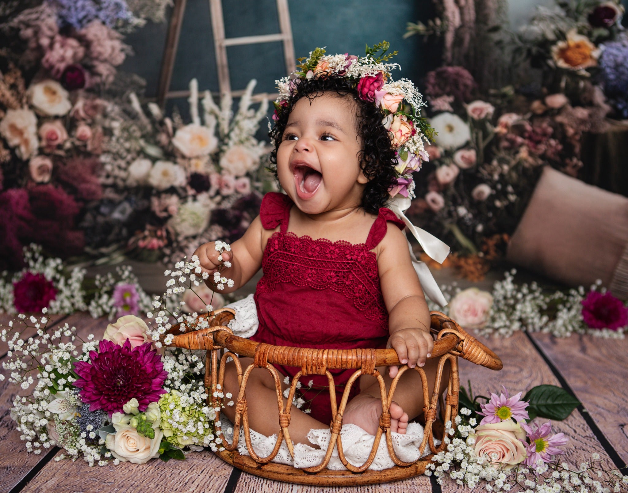 Kate Painterly Boho Backdrop Outdoors Wood Doors Dried Flowers Pampas Designed by Mini MakeBelieve