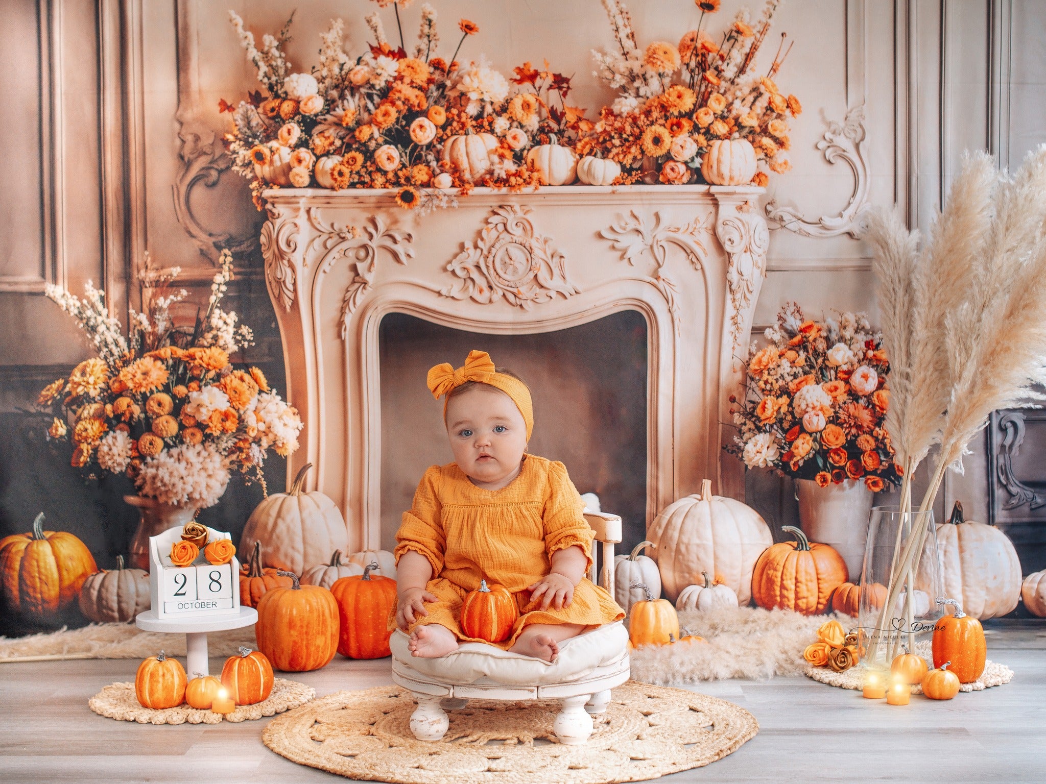 Kate Autumn Pumpkin Floral Fireplace Backdrop