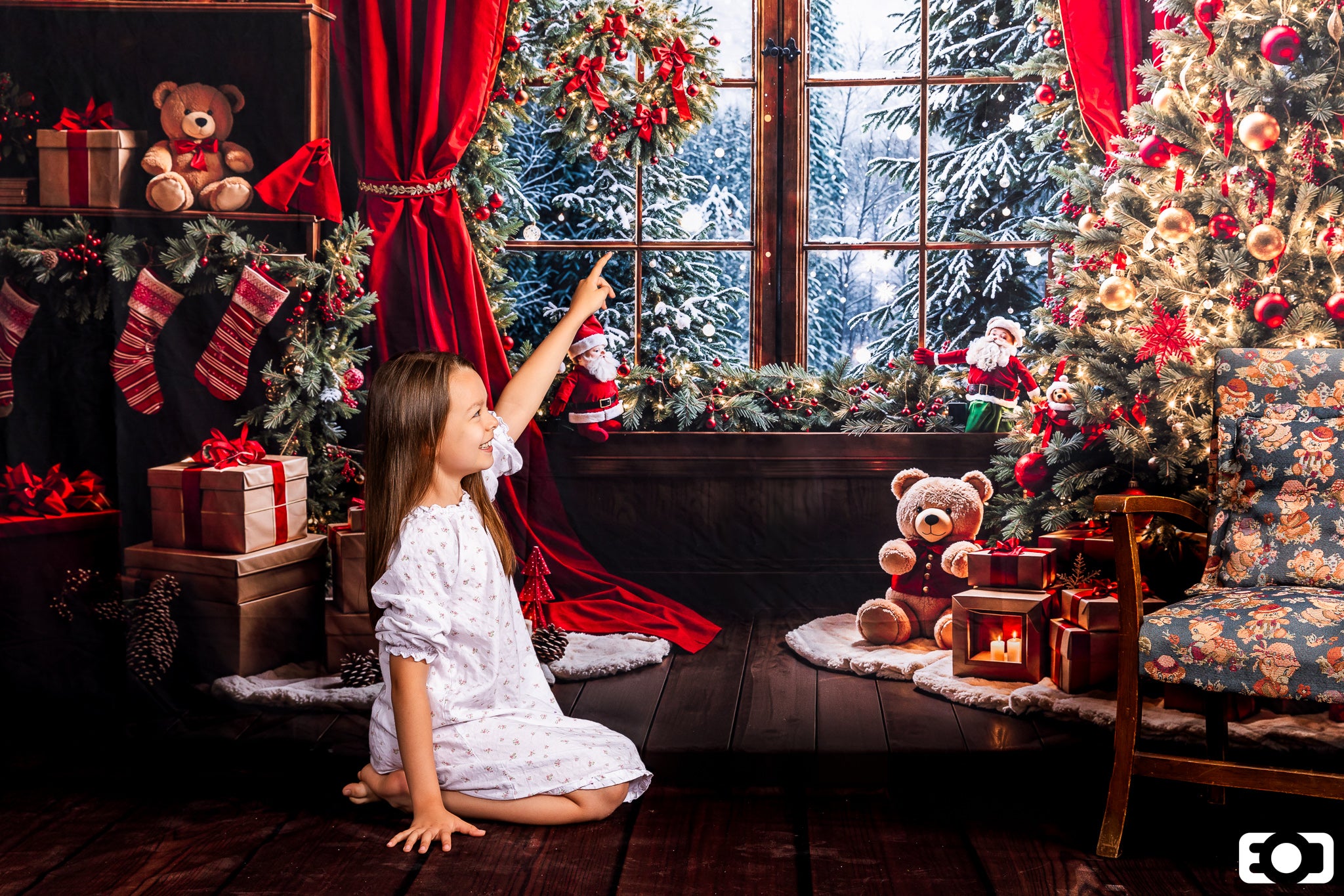 Kate Winter Christmas Red Curtain Window Backdrop Designed by Emetselch