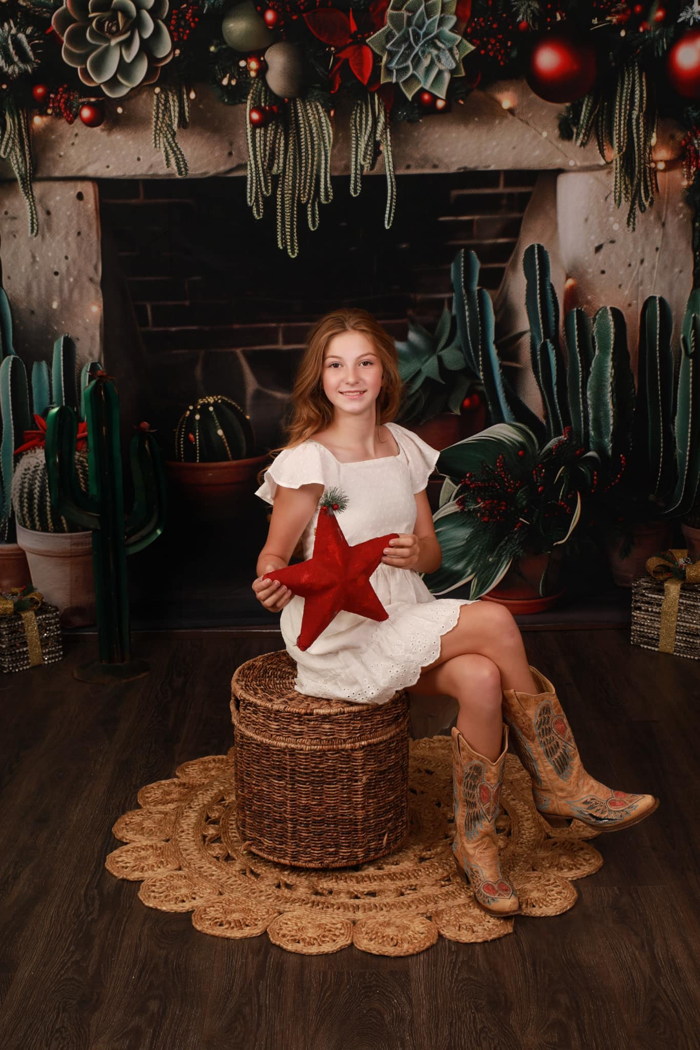 Kate Christmas Backdrop Wild West Green Cactus Brick Fireplace Designed by Patty Robert