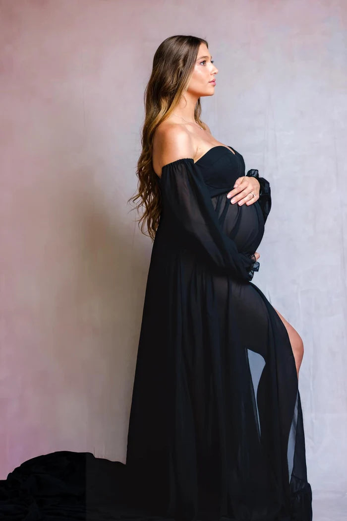 Kate Black Chiffon Long Sleeve Maternity Photoshoot Dress