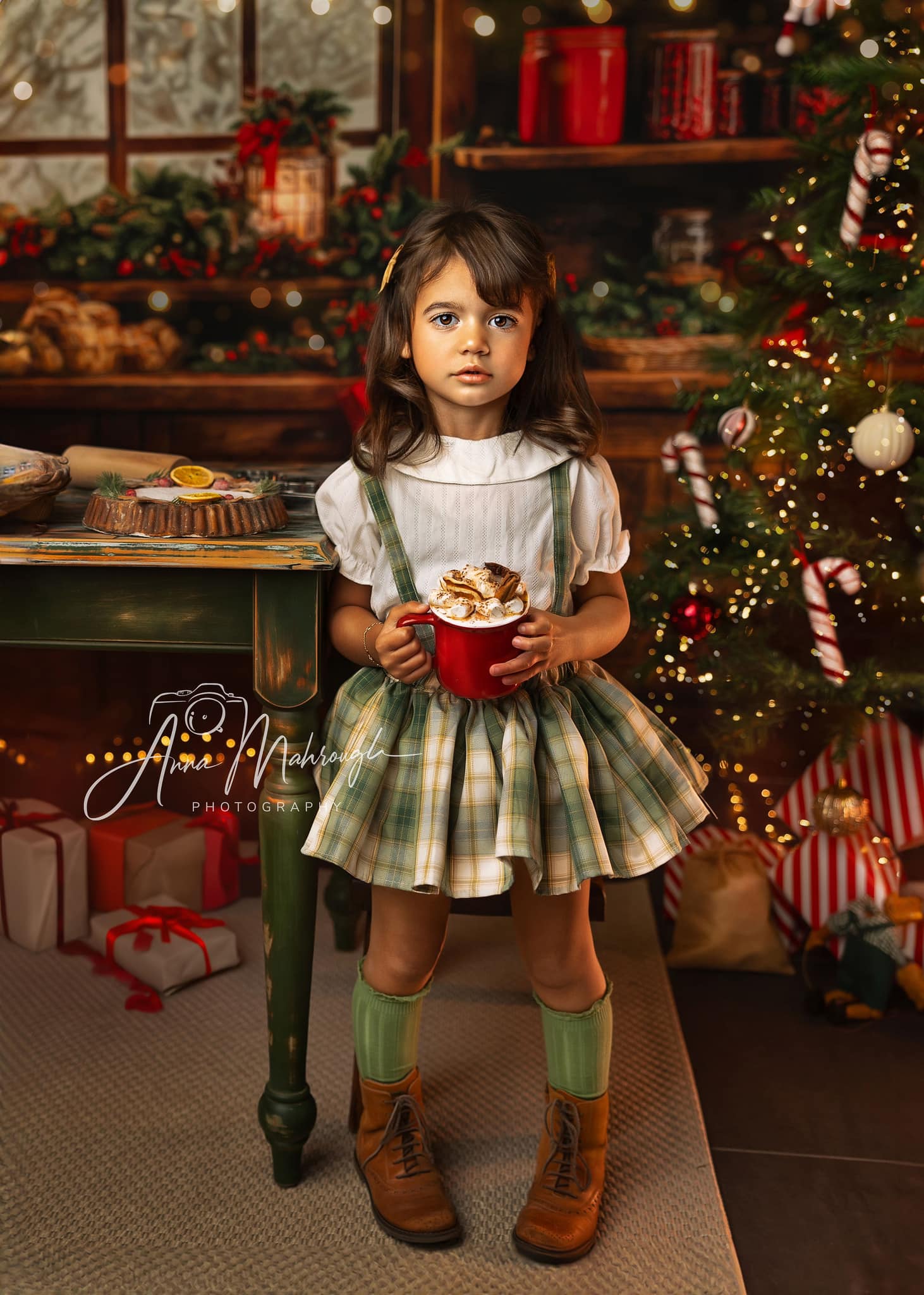 Kate Christmas Kitchen Backdrop Brown Wooden Cabinets Red Stocking Designed by Emetselch