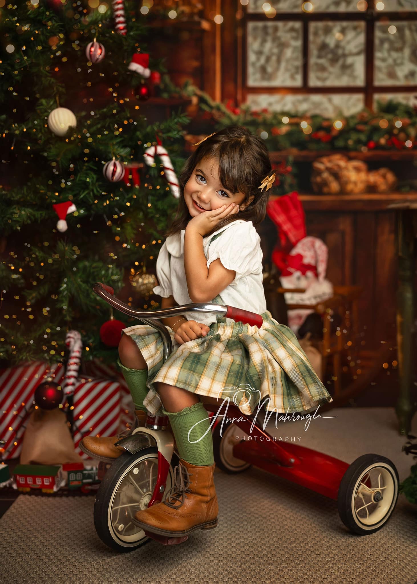 Kate Christmas Kitchen Backdrop Brown Wooden Cabinets Red Stocking Designed by Emetselch