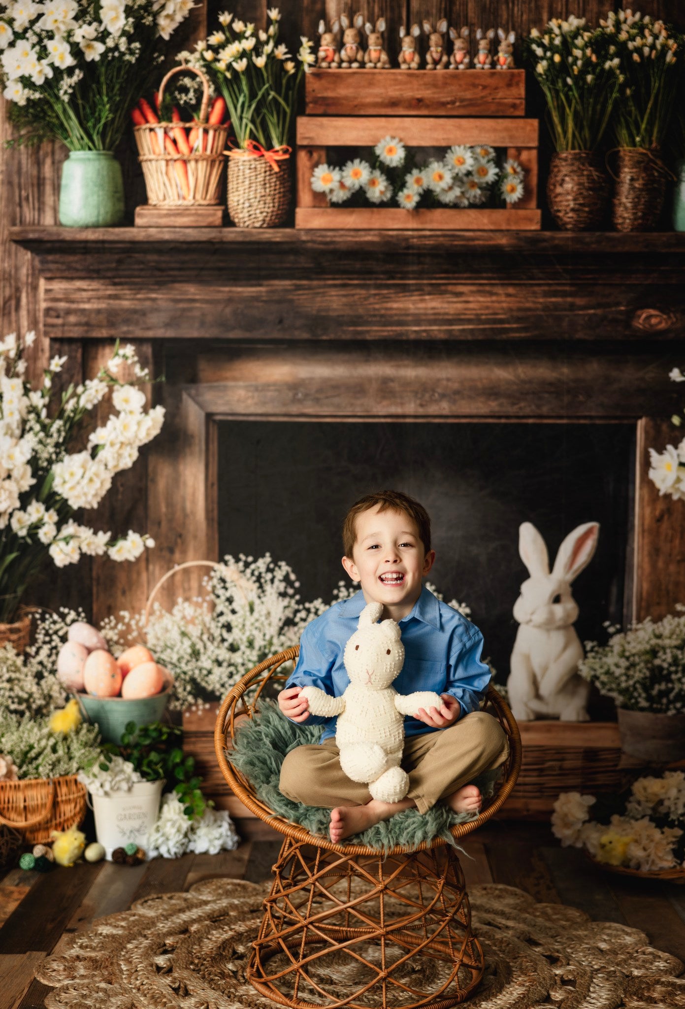 Kate Easter Fireplace Bunny Rustic Floral Backdrop Designed by Emetselch