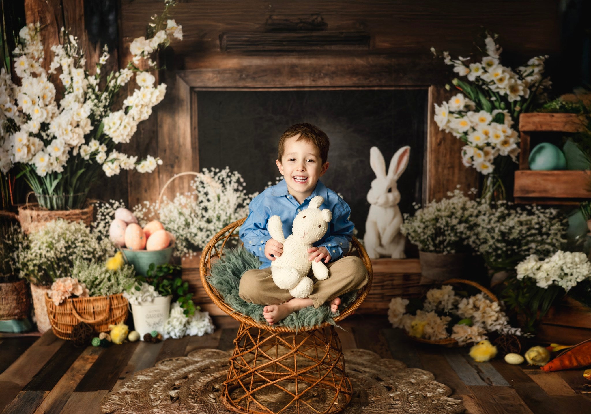 Kate Easter Fireplace Bunny Rustic Floral Backdrop Designed by Emetselch