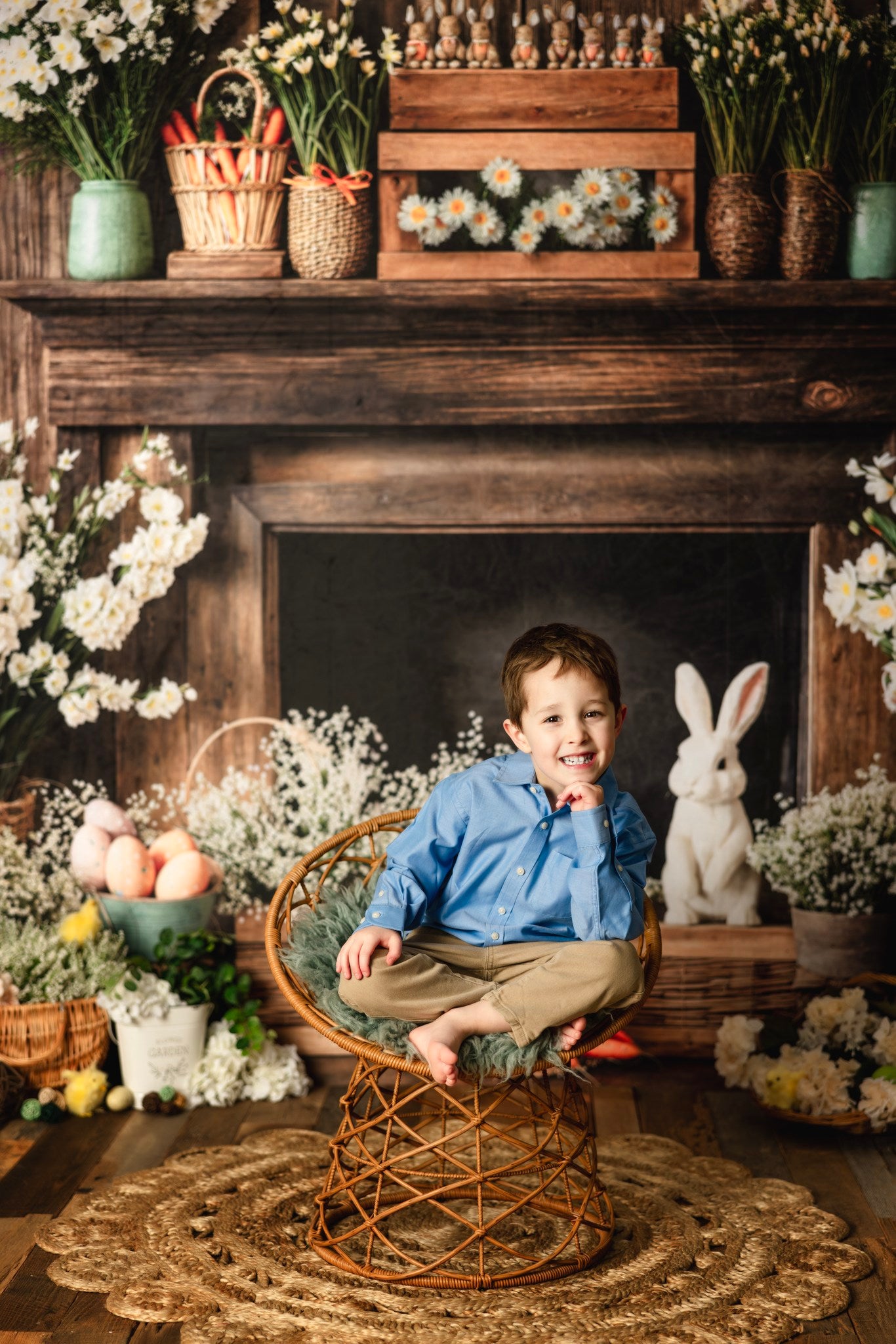 Kate Easter Fireplace Bunny Rustic Floral Backdrop Designed by Emetselch